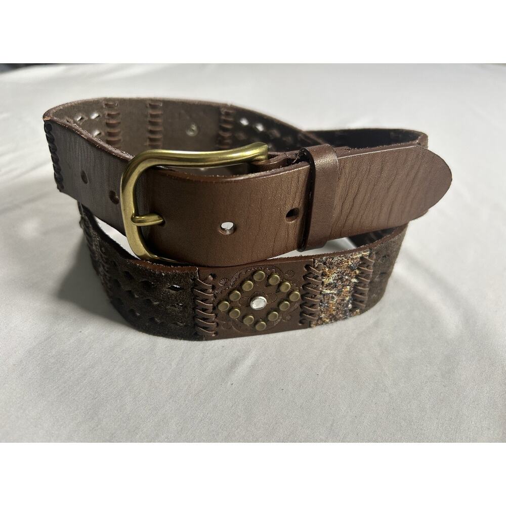Vintage Nine West Leather Rhinestone Sparkle Belt Womens Size 36 Brown Classic